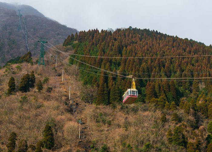 The Mount Tsurumi Beppu Ropeway with a cable car on its way up the mountain.